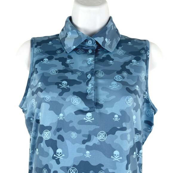 G/FORE‎ Icon Camo Printed Sleeveless Golf Polo Shirt Top XS Blue Skull TP-3458 - Picture 3 of 7